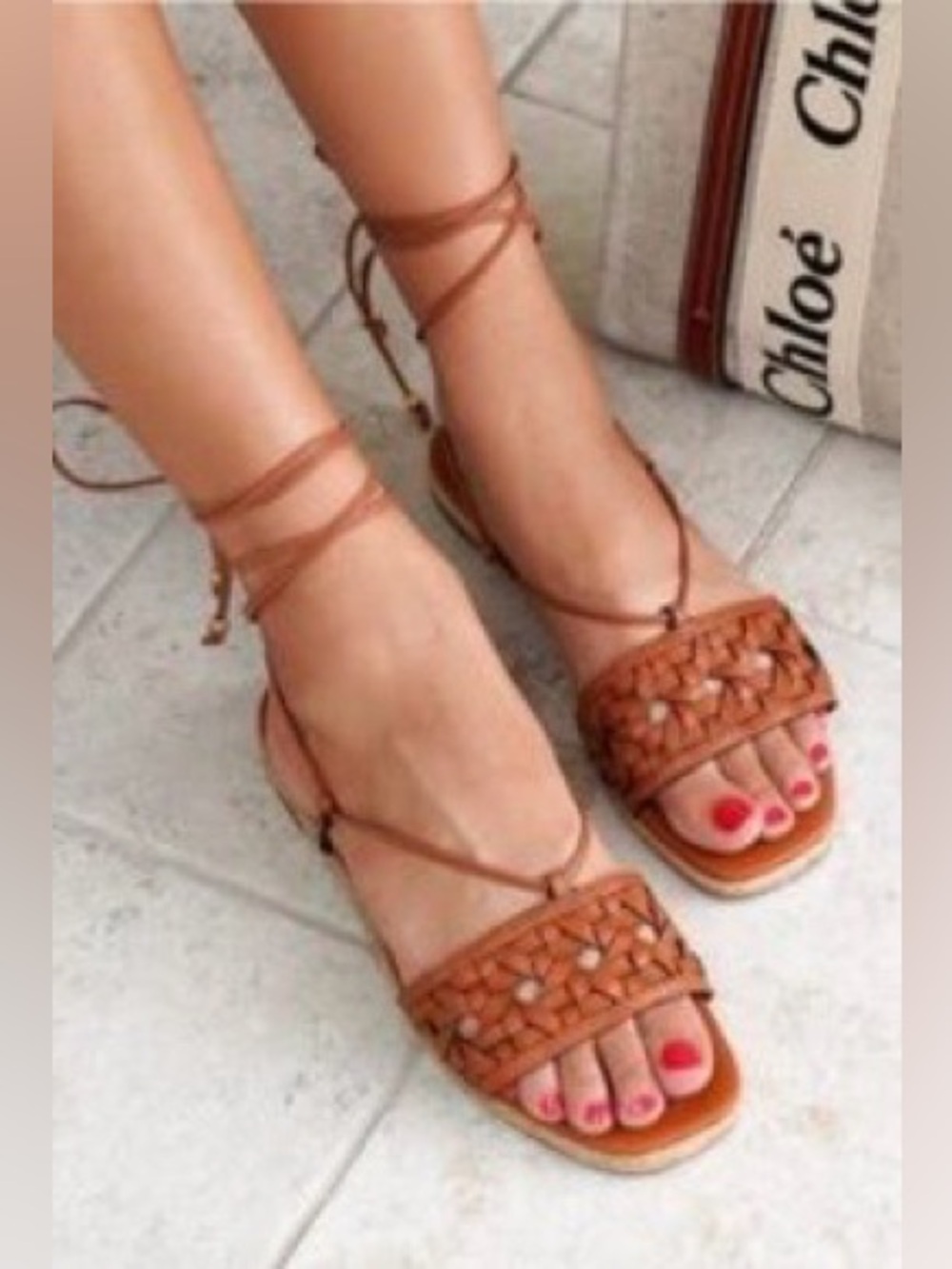 Tory Burch Basket-Weave Leather Lace-Up Espadrille Sandals Tan Size 9